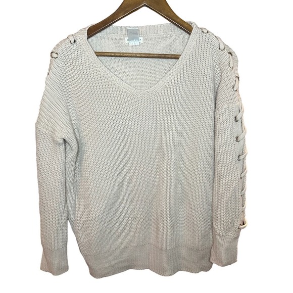 Main Strip Blush Pink Pull Over Sweater with Lace Up Sleeve Detail - Picture 1 of 6